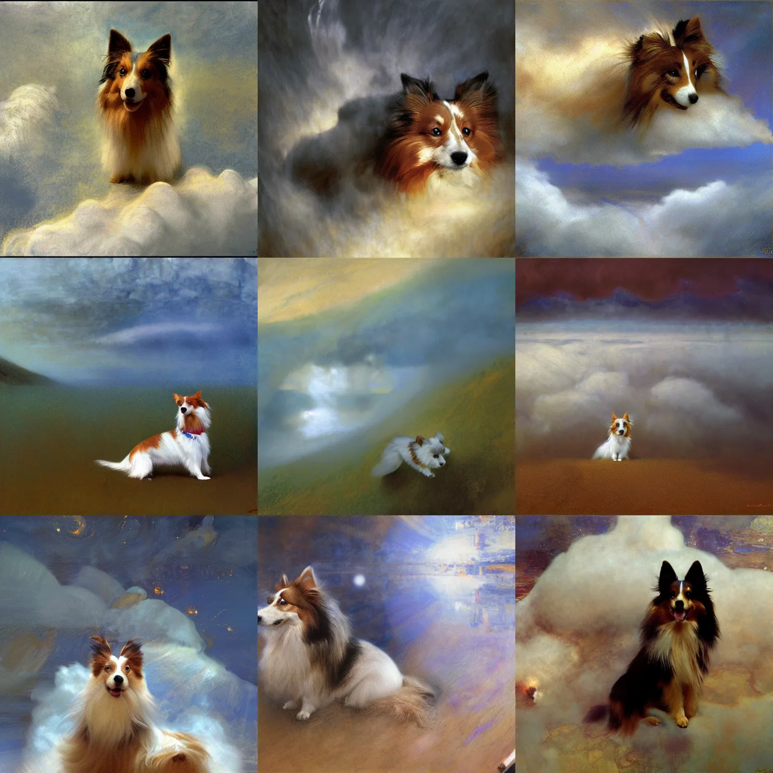 Prompt: a sheltie inside a cloud, by waterhouse, by craig mullins, by ryan jia, by gustave klimt