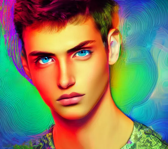 Prompt: extremely beautiful young man with hyperealistic glossy eyes, digital art, colourful background seductive.