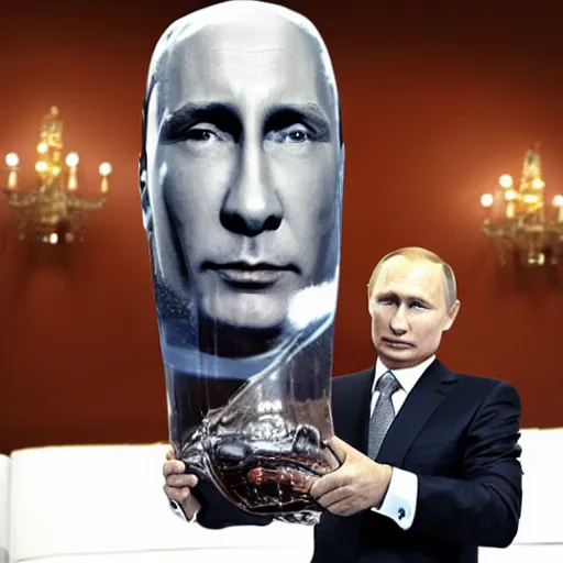 Image similar to Vladimir Putin holding a giant vodka bottle, detailed face, realistic face, photorealistic, highly detailed, cinematic