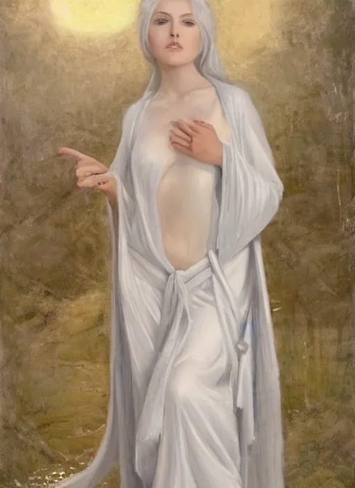 Prompt: thin angel with silver hair so pale and wan!, wearing robes, covered in robes, lone pale wan feminine goddess, wearing silver robes, flowing hair, pale skin, young cute face, covered!!, clothed! oil on canvas, style of lucien levy - dhurmer and jean deville, 4 k resolution, aesthetic!, mystery