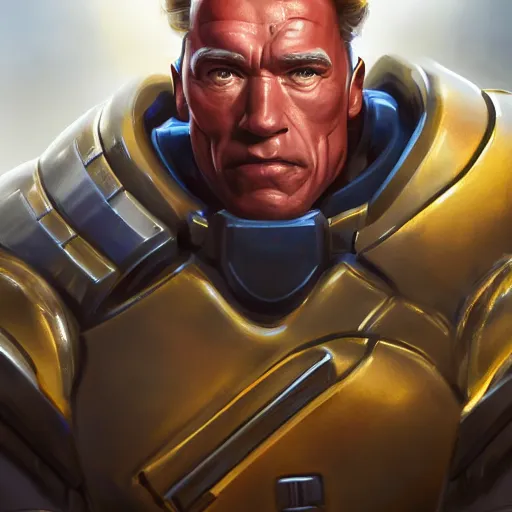 Image similar to a screenshot of arnold schwarzenegger as reinhardtin overwatch, portrait, fantasy, beautiful face, vivid colors, elegant, concept art, sharp focus, digital art, hyper - realistic, 4 k, unreal engine, highly detailed, hd, dramatic lighting by brom, trending on artstation