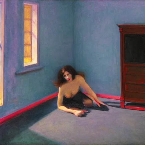 Image similar to a black demon lying in an haunted liminal abandoned room, film still by edward hopper, by gottfried helnwein, by klimt, art noveau, highly detailed, strong lights, liminal, eerie, bright pastel colors,