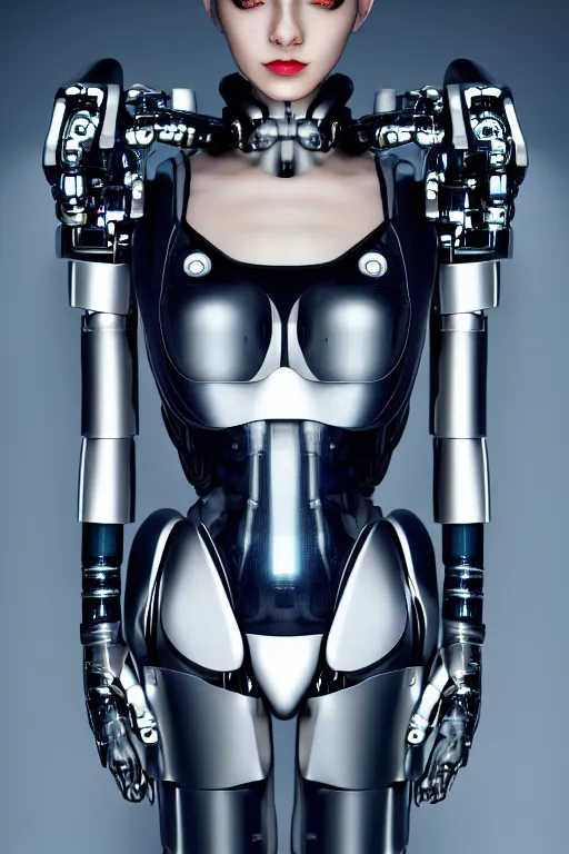 Image similar to cybernetic high tech catgirl, sci - fi, cyberpunk, futurism, exoskeleton, strong artificial intelligence, symmetry, cinematic, elegant, luxury, professional studio light, perfect composition, dlsr photography, sharp focus, 8 k, ultra hd, sense of awe, highly detailed, hyper realistic, intricate, high fashion journal cover