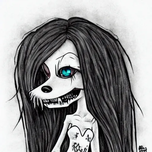 Prompt: grunge drawing of a cartoon dog by mrrevenge, corpse bride style, horror themed, detailed, elegant, intricate