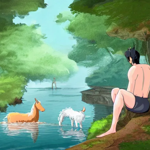 Image similar to a rough digital painting of a centaur with furry goat legs lounging next to a river with a finger in the water in the forest, digital painting, fantasy, studio ghibli environment, overhead canopy