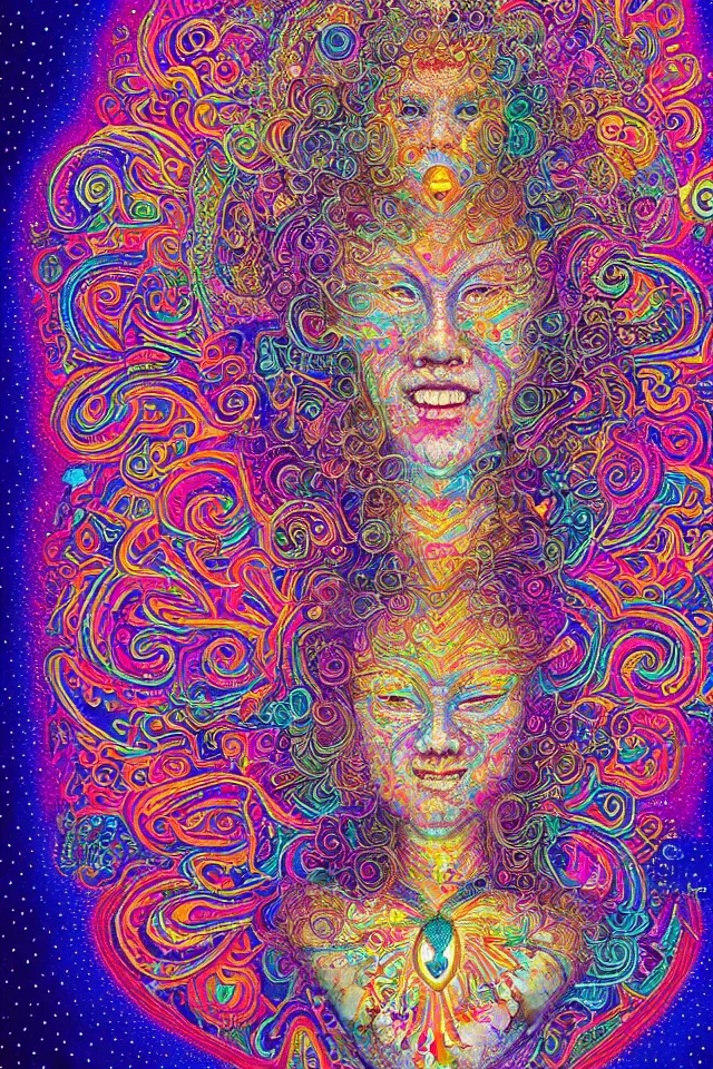 Prompt: a happy beautiful wise spirit goddess in the shape of a heart, meditation, 3 2 k resolution, good vibes, perfect lighting, billions of details, made out of small cubes of love, pointillism, fabric embroidery, stunning psychedelic artwork, android jones, chris dyer, alex grey, trending on artstation, award winner