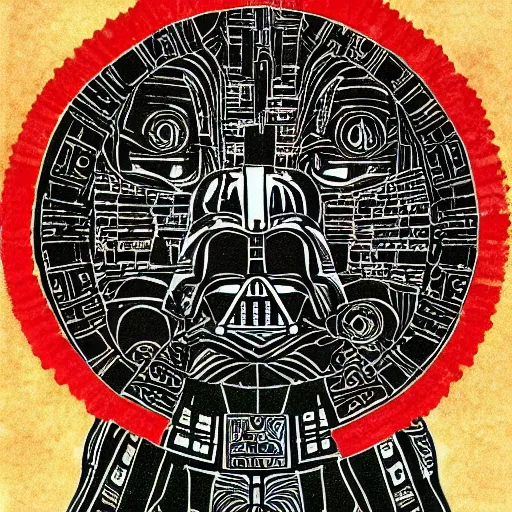 Prompt: ancient aztec art of darth vader inspecting the death star