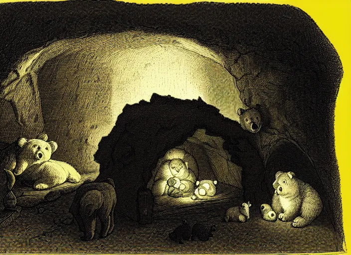 Image similar to Pieter Claesz's 'a bear and her cubs sleeping in a dark cave, lit by hole in roof', night time, cross hatching, framed, monochrome, yellow