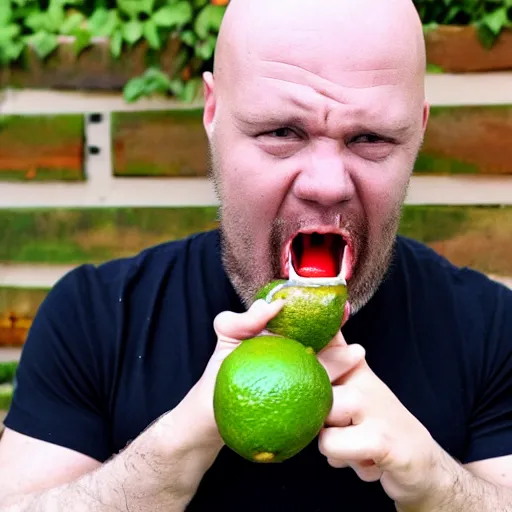 Image similar to angry bald swedish man biting into a raw lime on live camera