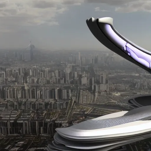 Image similar to robot works and fly in Zaha Hadid in fantasy world