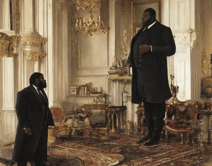 Prompt: a large black man wearing an overcoat and knee-length black boots stands in the living room of a beautiful ornate baroque English mansion, adebanji alade, lawrence alma-tadema, george goodwin kilburne