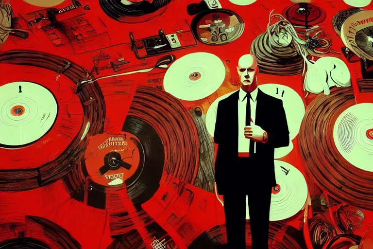 Image similar to an expressive portrait of agent 4 7 from hitman wearing headphones standing in front of a wall of vinyl records, speakers and cables, dark background, red rim light, digital art, artstation, concept art by giger stalenhag