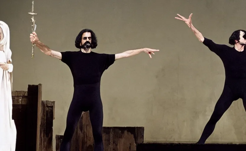Image similar to Frank Zappa in a leotard performs the role of Richard III in award-winning modern dress production of Richard III in front of a live audience