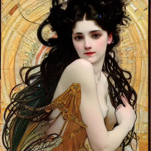 Image similar to highly detailed portrait of a beautiful cute girl with feathers, endless black hair, with pale skin, fibonacci, fragile, sitted on an intricate stone throne by alphonse mucha, nicola samuri, dino valls, m. w. kaluta, rule of thirds, seductive look, 4 k resolution