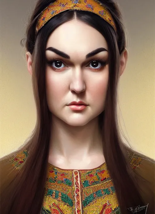 Image similar to beautiful sasha grey feminine face in ukrainian national clothes! portrait of young woman blessed by god with ever - increasing physical and mental perfection, beautiful hair, symmetrical! intricate, elegant, highly detailed, vision of holy perfection!! smile, digital painting, artstation, concept art, smooth, sharp focus, illustration, art by artgerm and greg rutkowski and alphonse mucha