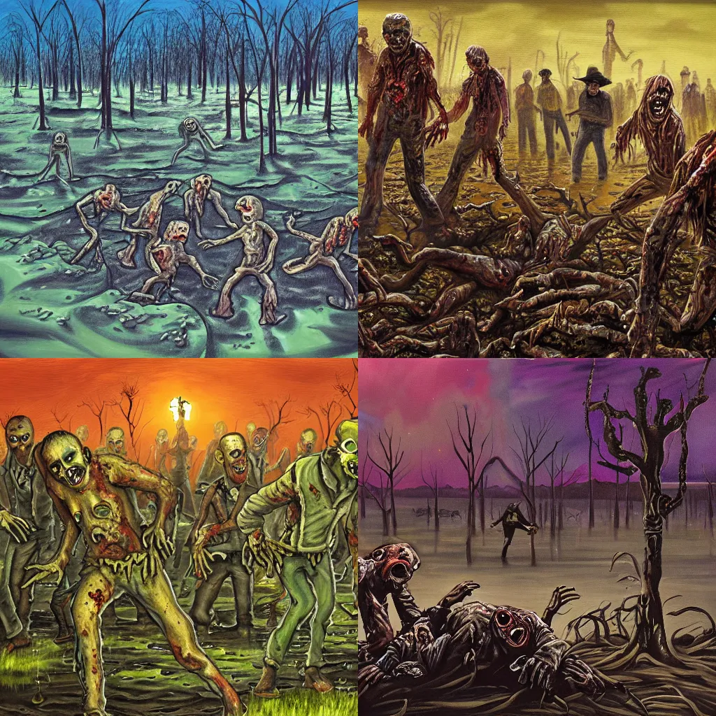 Prompt: zombies stuck in quicksand in the swamp at night, painting