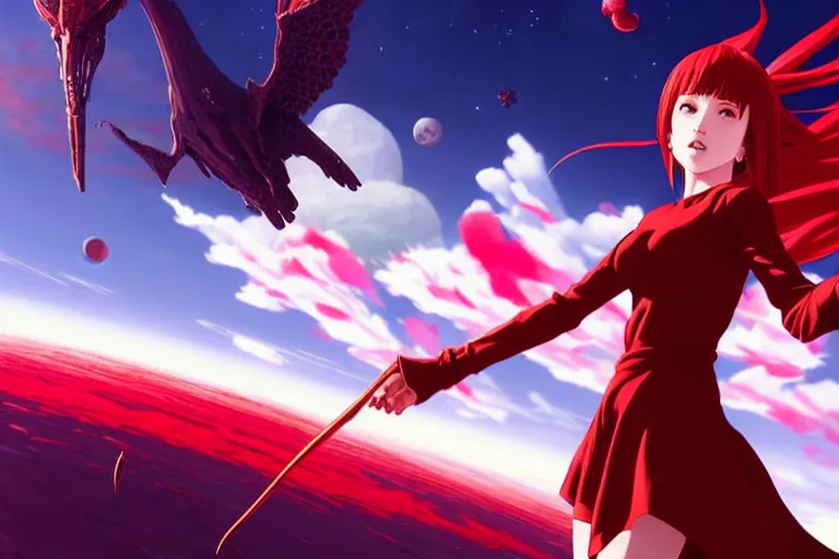 Image similar to red dressed summoner girl fighting against outer gods with their creatures. floating planets on the background, box office hit, fantasy and cosmic horror movie, unreal engine, intricate, highly detailed 8 k, ambient occlusion, extremely beautiful and aesthetic shape of face and body, art by hiroaki samura and ilya kuvshinov and rossdraws