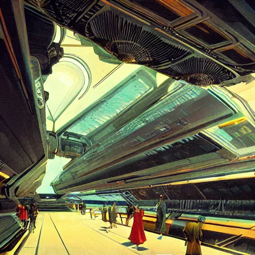 Prompt: ultra wide angle interior view of a space station, hanging gardens, oxen, by syd mead