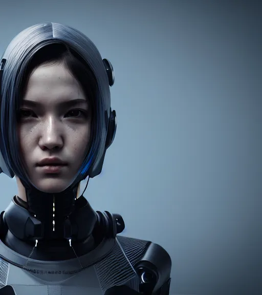 Image similar to complex 3 d render, hyper detailed, ultrasharp, cyberpunk android girl, digital portrait, concept art, illustration, studio lights, hyper realistic, ultra detailed, 0 6 0 8 wear techwear clothing, volumetric lighting, 8 k uhd post - production, artstation hq, unreal engine 5, unity engine