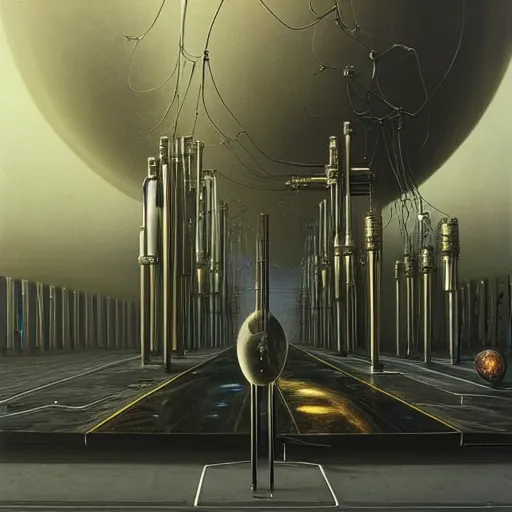 Prompt: A beautiful hyper realistic detailed painting cybernetic symbiosis of 2 gigantic tall skyscaper sized quantum computers and a coffe machine on a vast black granite tarmac ,gold and silver and brass ,by Beksinski,beeple,unreal engine