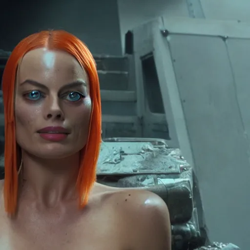 Prompt: film still of Margot Robbie as Leeloo in The Fifth Element