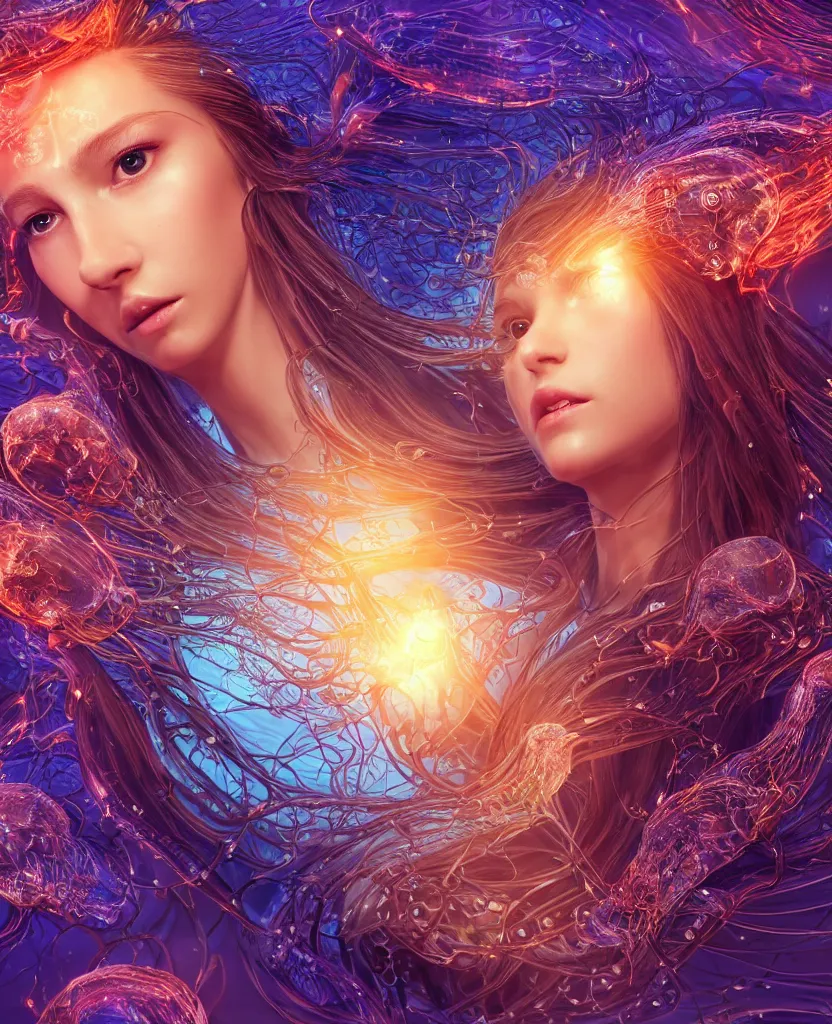 Image similar to close-up macro portrait of the face of a beautiful princess, epic angle and pose, symmetrical artwork, 3d with depth of field, blurred background, cybernetic jellyfish female face skull phoenix bird, translucent, nautilus, energy flows of water and fire. a highly detailed epic cinematic concept art CG render. made in Maya, Blender and Photoshop, octane render, excellent composition, cinematic dystopian brutalist atmosphere, dynamic dramatic cinematic lighting, aesthetic, very inspirational, arthouse. y Greg Rutkowski, Ilya Kuvshinov, WLOP, Stanley Artgerm Lau, Ruan Jia and Fenghua Zhong