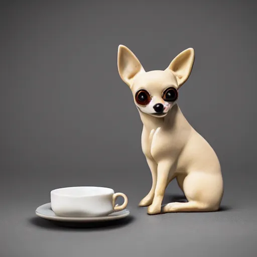 Prompt: A porcelain model of a chihuahua painted in an Emma Bridgewater pattern, sculpture, photograph, studio lighting, product photography, advertising photography, pottery, figurine, octane render –H 768