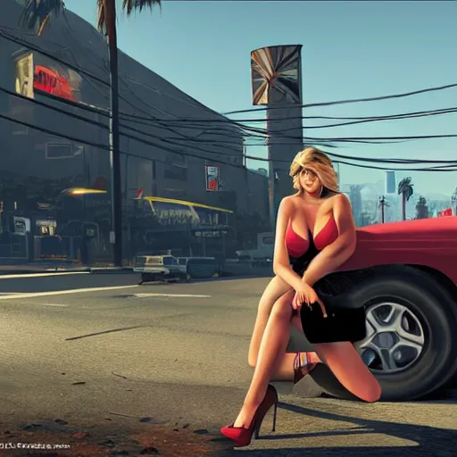 Image similar to kate upton in gta v, cover art by stephen bliss, artstation, no text