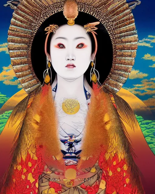 Image similar to hyper realistic portrait photo of ameterasu the sun goddess of japan, portrait shot, intricate detail