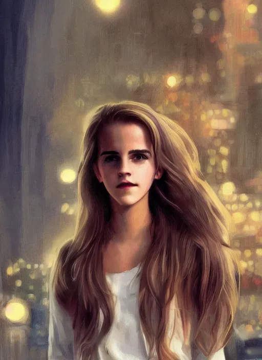 Image similar to portrait of teenage emma watson, long haircut, flowing blonde curly hair, white shirt, red tie, smiling kindly, soviet house at background, 1 9 8 0 s, intricate, elegant, glowing lights, highly detailed, digital painting, artstation, concept art, smooth, sharp focus, illustration, art by wlop, mars ravelo and greg rutkowski