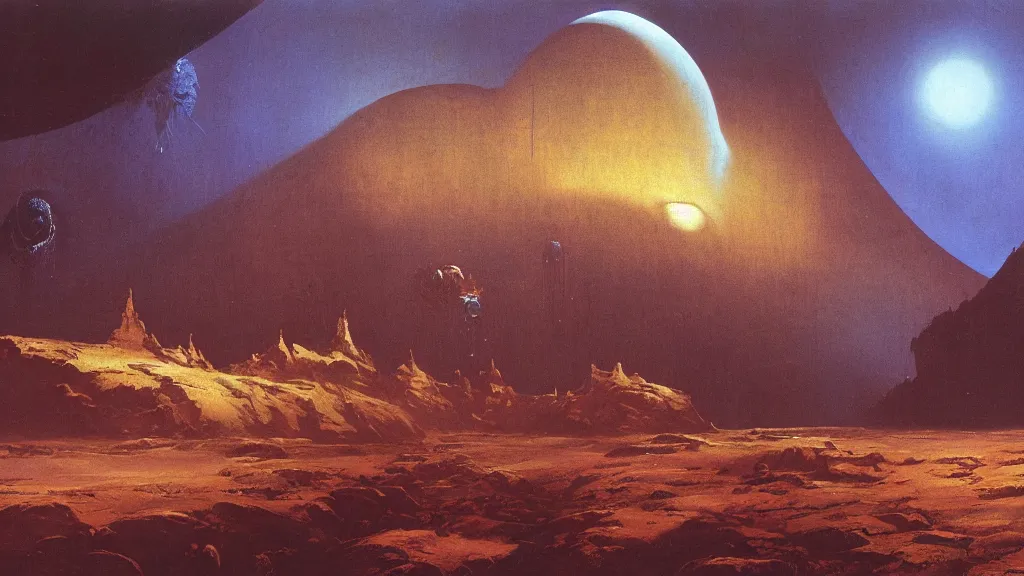 Image similar to otherworldly atmosphere of the first spaceship on venus by arthur haas and bruce pennington and john schoenherr, cinematic matte painting