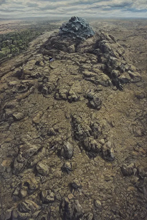 Prompt: skeleton rock bank, art by danny flynn and simon bisley, trending on artstation, halfrear lighting camera view from above naturalism, oil and canvas, very very intricate, post - modernism