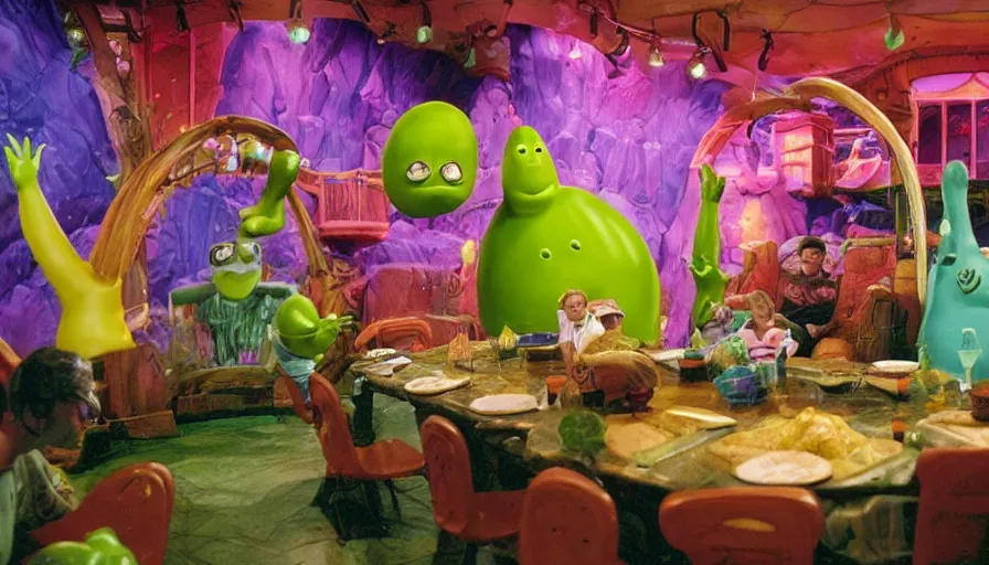 Prompt: 1990s photo of inside the Slime Friends Dangerous Potato Show ride at Universal Studios in Orlando, Florida, riding a face car through a dinner plate planet, cinematic, UHD