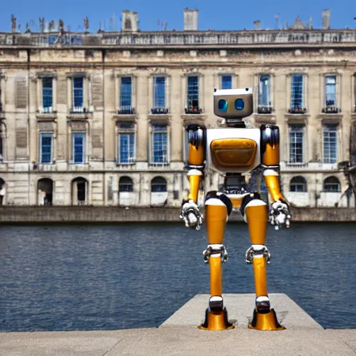 Prompt: a robot standing in the miroir d'eau of bordeaux