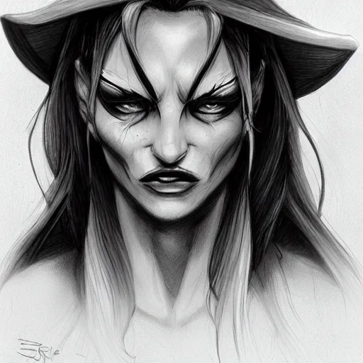 Prompt: detailed drawing of a pissed off witch by serge birault