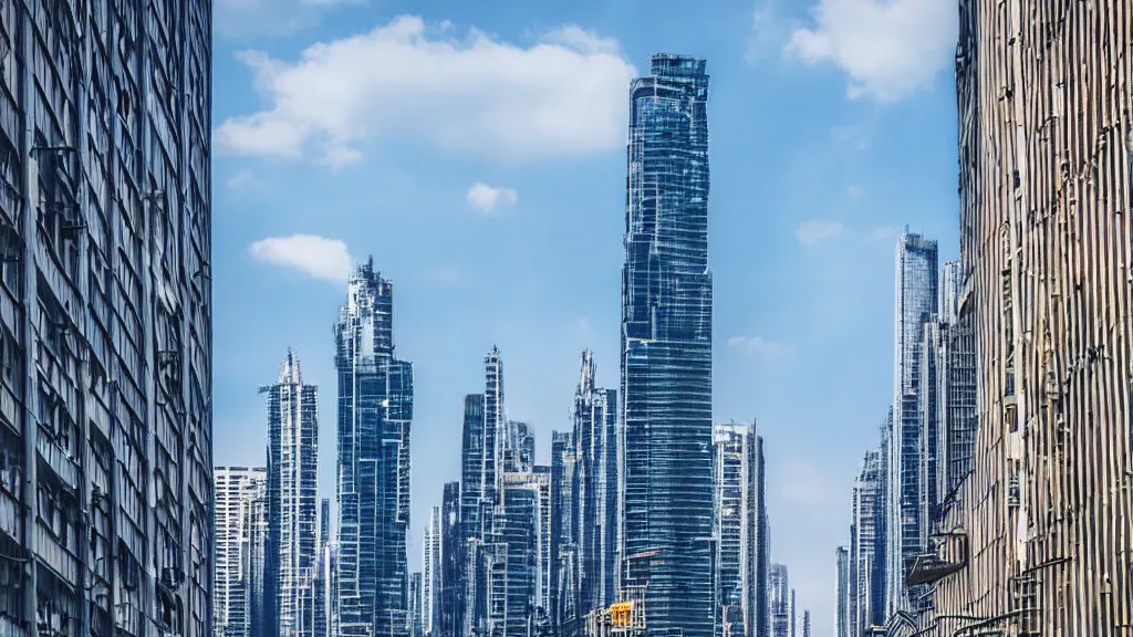 Prompt: a high detailed astonishing wide lens street photo, skyscrappers are melting on the sun, melted glass and steel on the street, award winning architectural photography, 8 k, cartoonish style