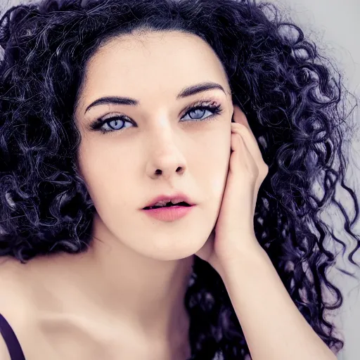 Image similar to A young beautiful woman with long black curly hair, brown eyes, wearing a blue dress, 4k, photorealist, DSLR photograph