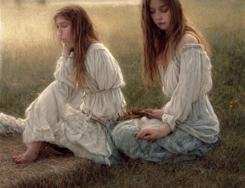 Image similar to peasant girl with long hair yarn knitting, cottage core, cinematic focus, polaroid photo bleached vintage pastel colors high - key lighting, soft lights, foggy, by steve hanks, by lisa yuskavage, by serov valentin, by tarkovsky, 8 k render, detailed, oil on canvas