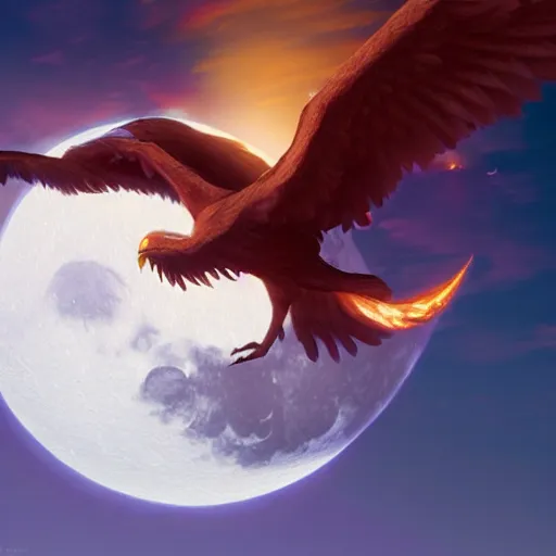 Prompt: phoenix flying in front of the moon, glowing light, fire, oil painting, octane render, greg rutkowski, 8 k