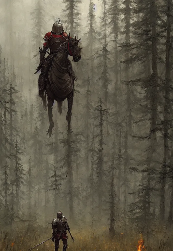 Prompt: a knight in armor standing in a dense burning forest, artstation, jakub rozalski, high detail