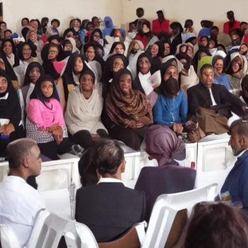 Prompt: fatima giving a speech in front of an audience over a political issue