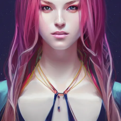 Image similar to portrait of beautiful symmetrical anime girl, rainbow hair, attractive, casual, modern, victoria's secret, highly detailed, digital painting, artstation, concept art, smooth, sharp focus, illustration, art by artgerm, greg rutkowski and alphonse mucha, 8 k,