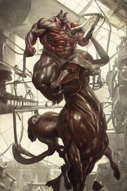 Prompt: splash art of a monstrously buff and muscular anthropomorphic horse at a research facility wearing a power - restricting suit, leather suit, highly detailed, digital painting, trending on artstation, concept art, sharp smooth focus, illustration, art by artgerm and greg rutkowski and alphonse mucha