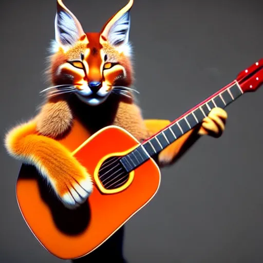 Image similar to cute fluffy caracal playing a guitar, fully detailed, high quality , 4k , octane render , soft light , masterpiece