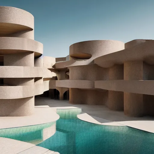 Image similar to brutalism conceptual hotel in the desert, biophilia mood, pool, garden, highly detailed, cinematic, photorealistic,