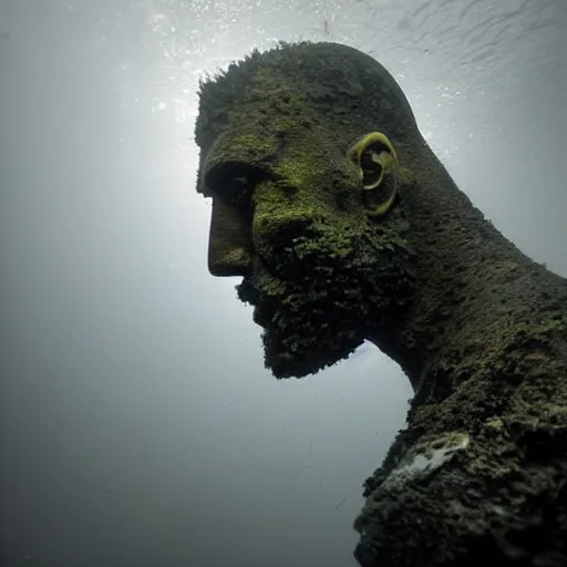 Image similar to Award-winning photograph by Mar Mann. The photo depicts a decaying roman bust of Dwayne Johnson overgrown with moss at the bottom of the sea in the middle of ruins of civilization. Minimalism, high definition, perfect composition. Deep sea picture. Very dark. Volumetric Lighting. Fish. Darkness. Ruins