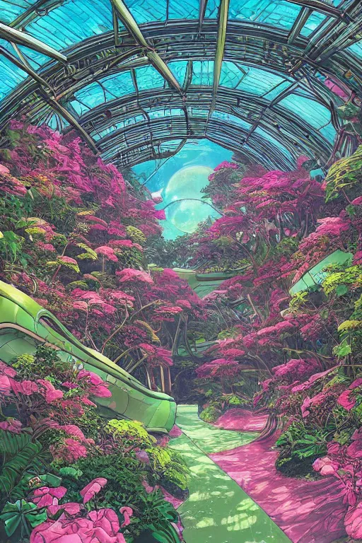 Prompt: concept art painting of a multi level botanical garden spaceship, artgerm, moebius, inio asano, toon shading, cel shading, calm, tranquil, vaporwave colors,