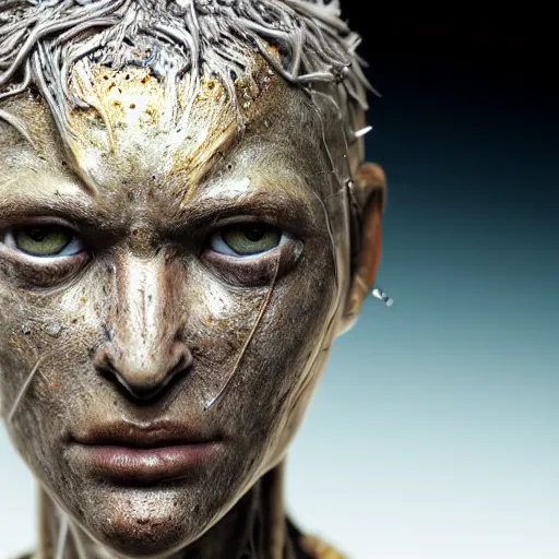 Prompt: photo taken of an epic intricate, ultra detailed, super realistic gritty, wet, lifelike sculpture of an humanoid android creature with bioluminescent patches of skin created by weta workshop, zoomed in shots, subsurface scattering, photorealistic, sharp focus, white wall coloured workshop, cold colour temperature, f 0. 4, face centred, golden ratio,