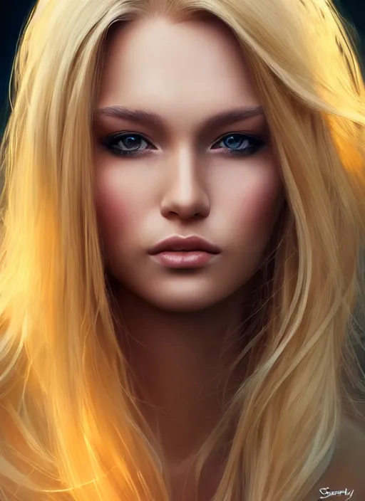 Image similar to photo of a gorgeous female with long blonde hair in the style of stefan kostic, realistic, full body shot, wide angle, sharp focus, 8 k high definition, insanely detailed, intricate, elegant, art by stanley lau and artgerm, floating embers