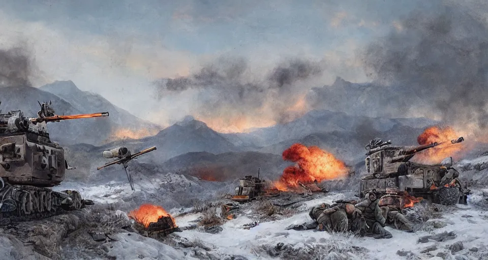 Image similar to second world war aftermath of huge battle on snowy mountain, with anti aircraft guns, with fire and smoke in the background by eugene von guerard, ivan shishkin, dramatic lighting, concept art, trending on artstation, 8 k